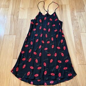 Y2K Silk Intimate Style Lip Print Love and Kisses Black Lingerie Chemise Dress